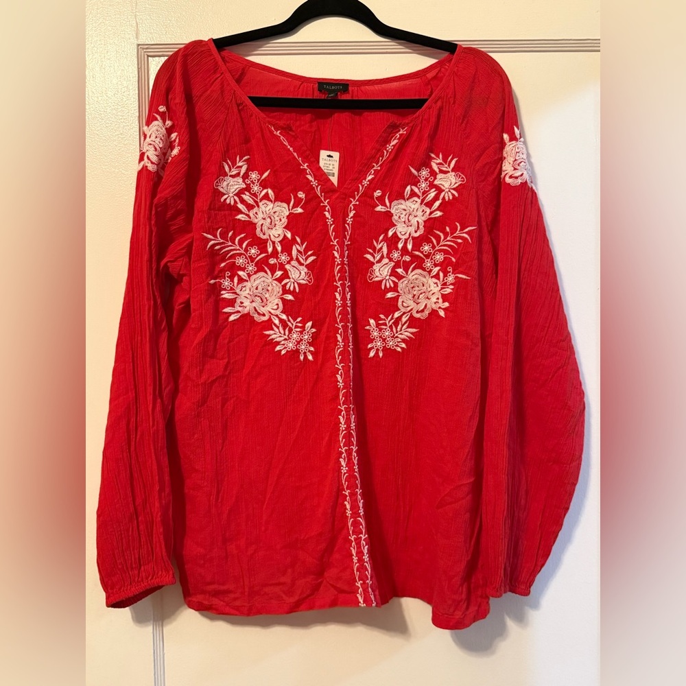 NWT Talbots Red CRINKLE GAUZE EMBROIDERED POPOVER top, Size L